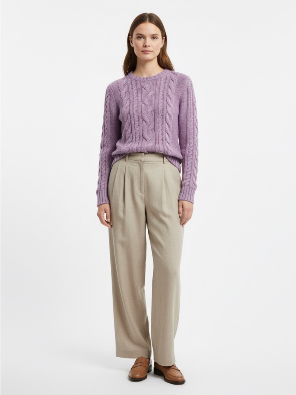 LL Bean Women’s 100% Cotton Lavender Cable Knit Fisherman Sweater Large